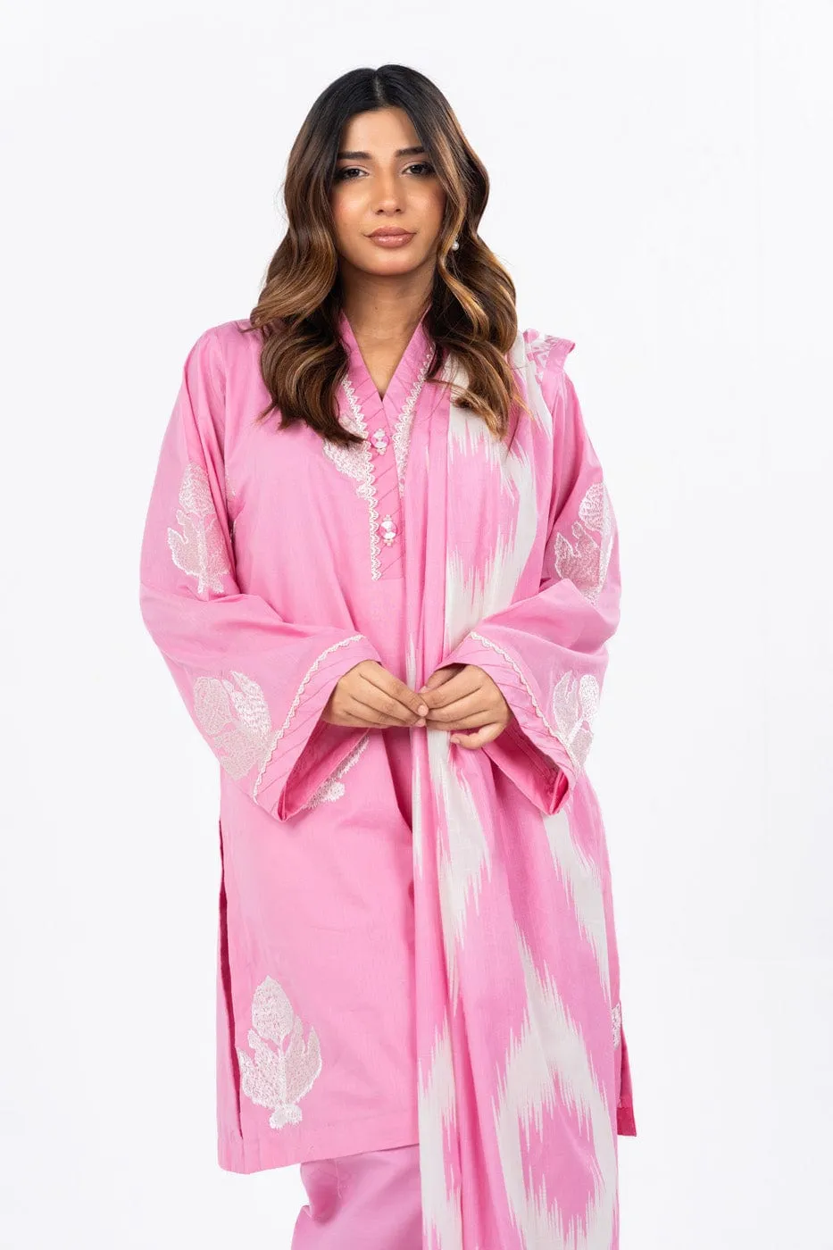 3 Pc Dyed Embroidered Light Cambric Shirt With Printed Chiffon Dupatta
