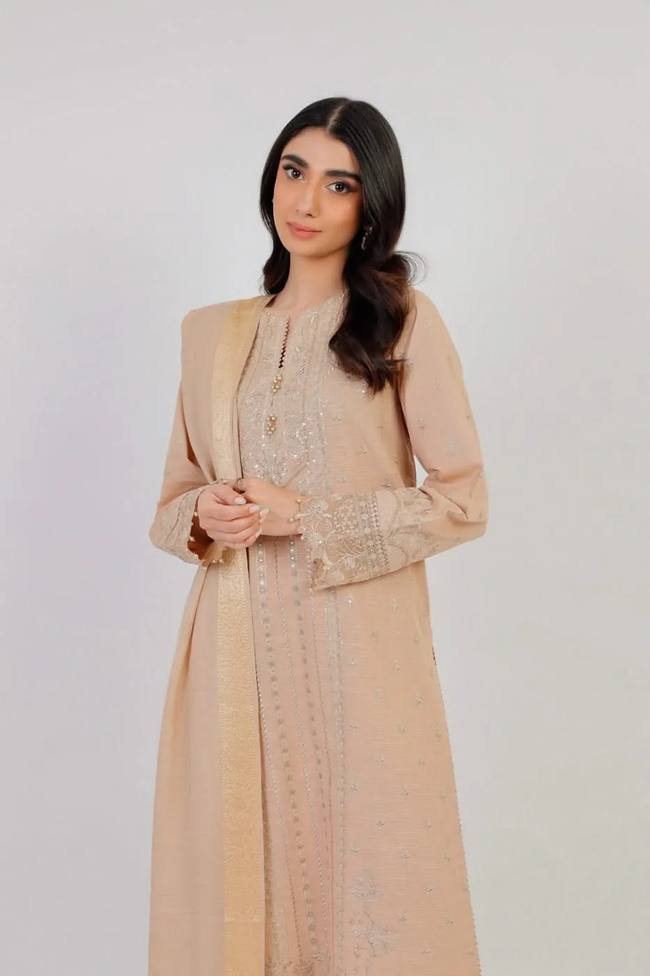 3 Pc Embroidered Khaddar Suit With Shawl