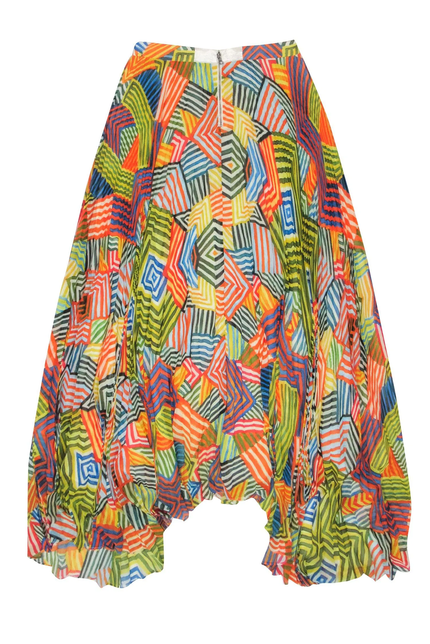 Alice & Olivia - Yellow & Multicolor Striped Pleated Chiffon Maxi Skirt Sz 0