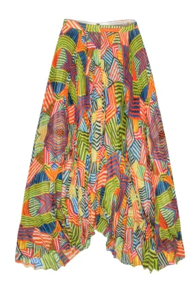 Alice & Olivia - Yellow & Multicolor Striped Pleated Chiffon Maxi Skirt Sz 0
