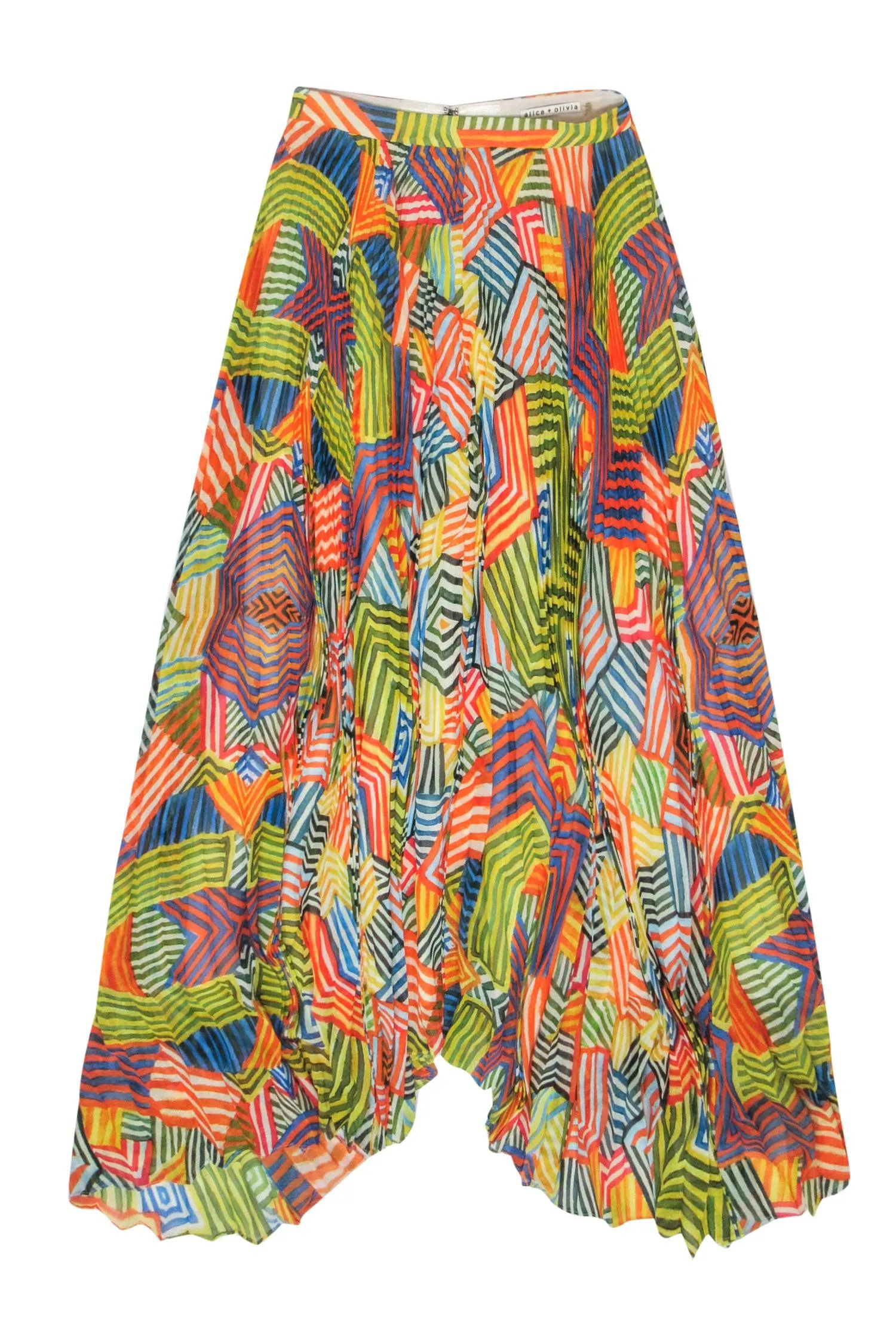 Alice & Olivia - Yellow & Multicolor Striped Pleated Chiffon Maxi Skirt Sz 0