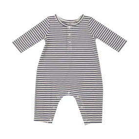 Angel Dear || Footballs   Navy & Oat Stripe Long Sleeve Henley Romper