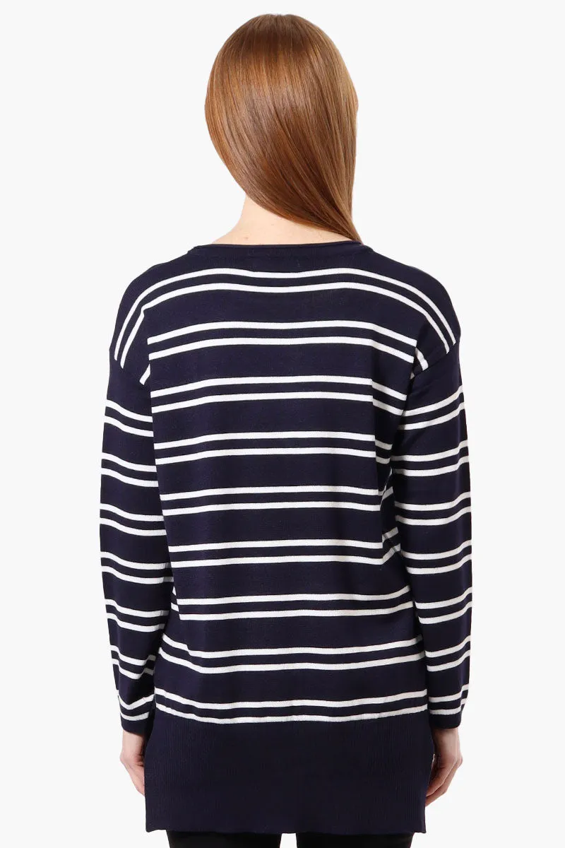 Beechers Brook Striped Round Neck Pullover Sweater - Navy