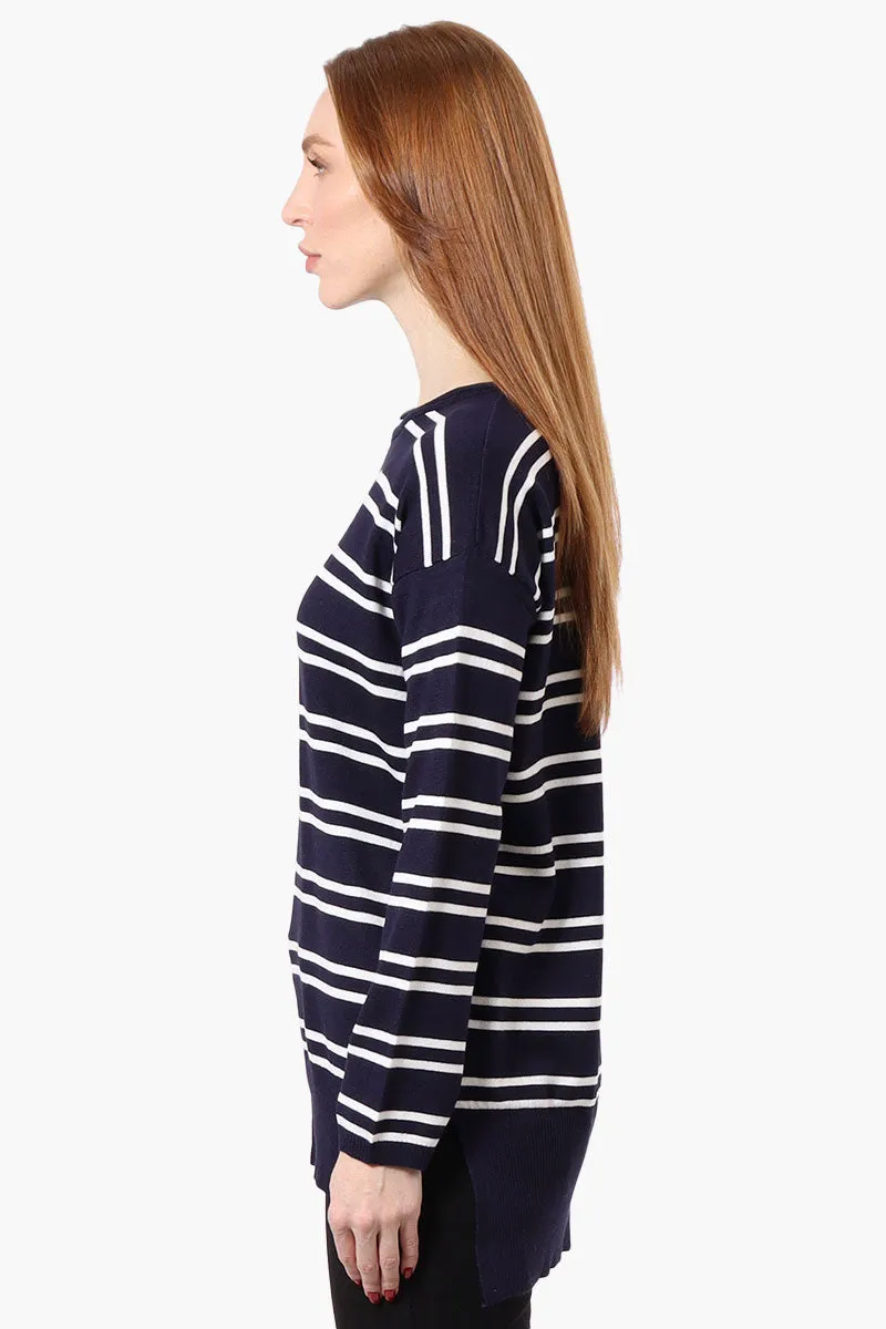 Beechers Brook Striped Round Neck Pullover Sweater - Navy