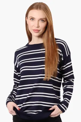 Beechers Brook Striped Round Neck Pullover Sweater - Navy