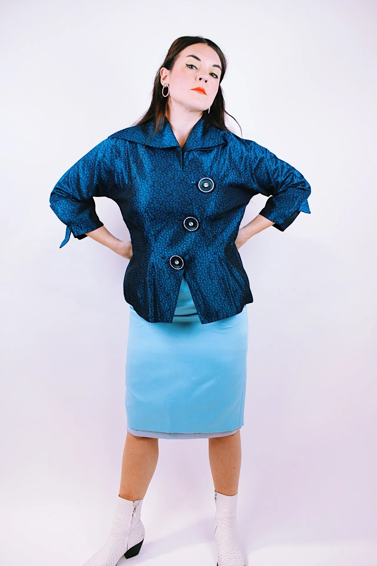 Blue Satin Pencil Skirt