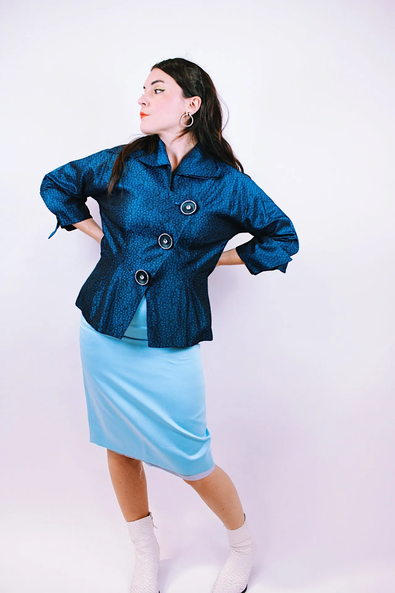 Blue Satin Pencil Skirt