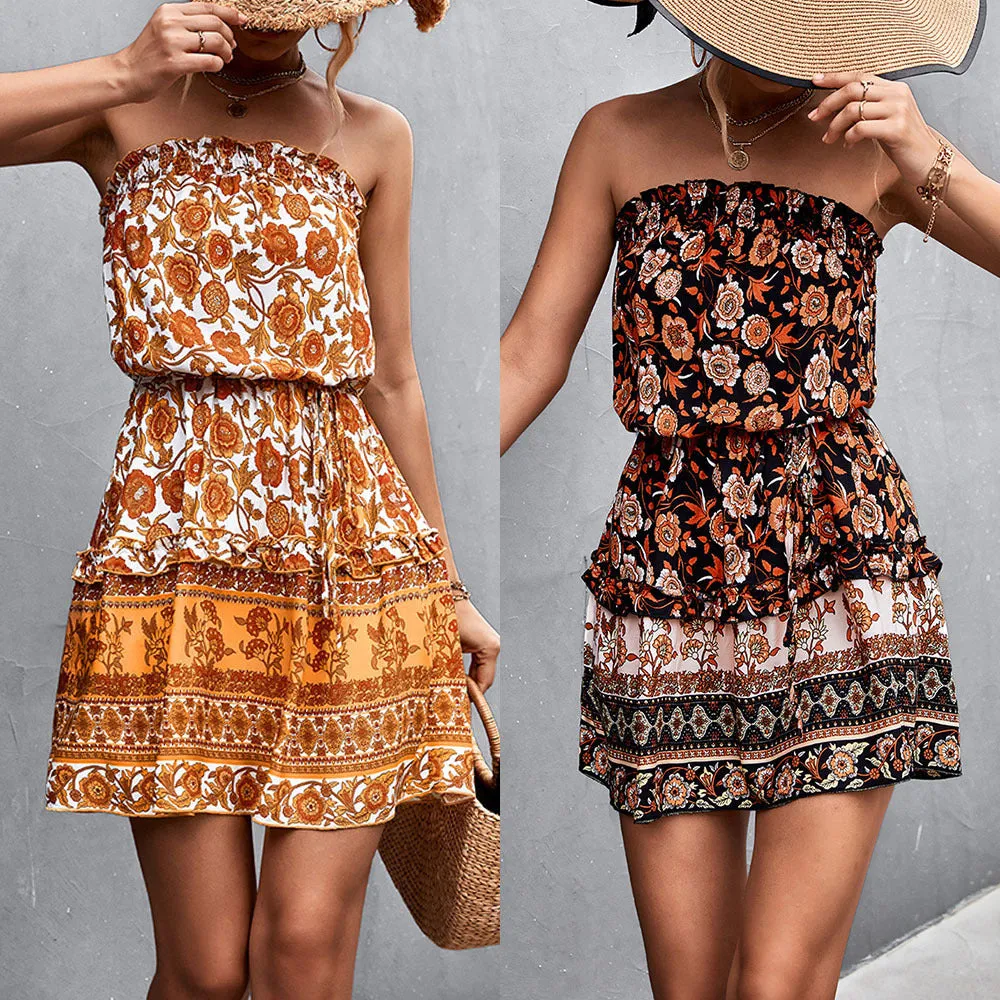 Bohemian Summer Floral Print Mini Strapless Dress