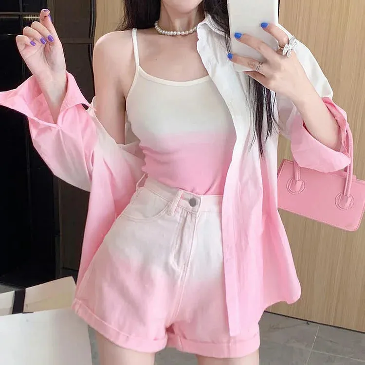 Chic Gradient Color Lapel Shirt Cami Top Denim Shorts