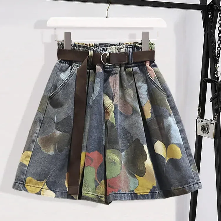 Chic Ruffle T-Shirt Printed Floral Denim Shorts With Belt