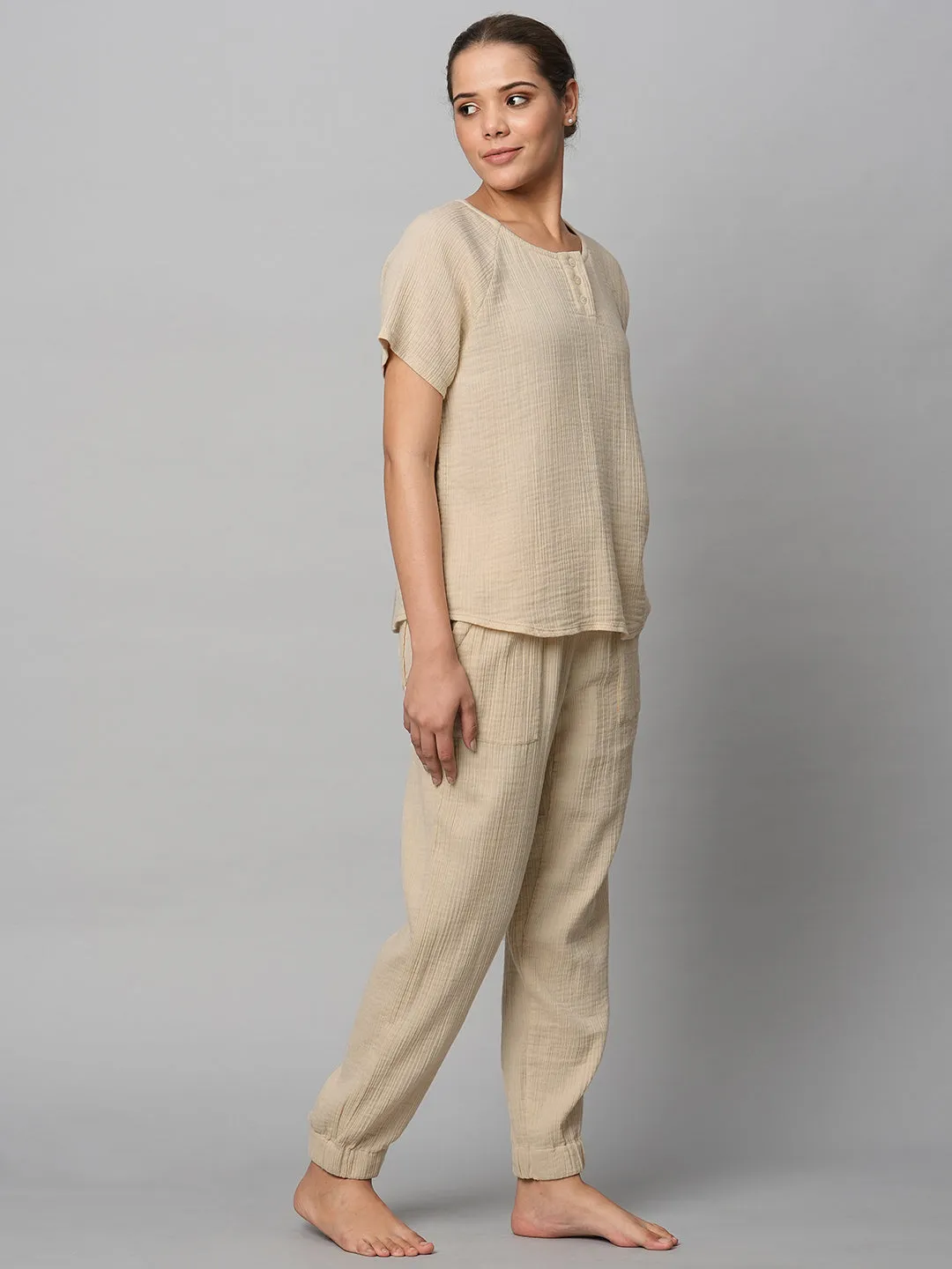 Crinkle Double Crepe Cotton Henley Top & Jogger Set