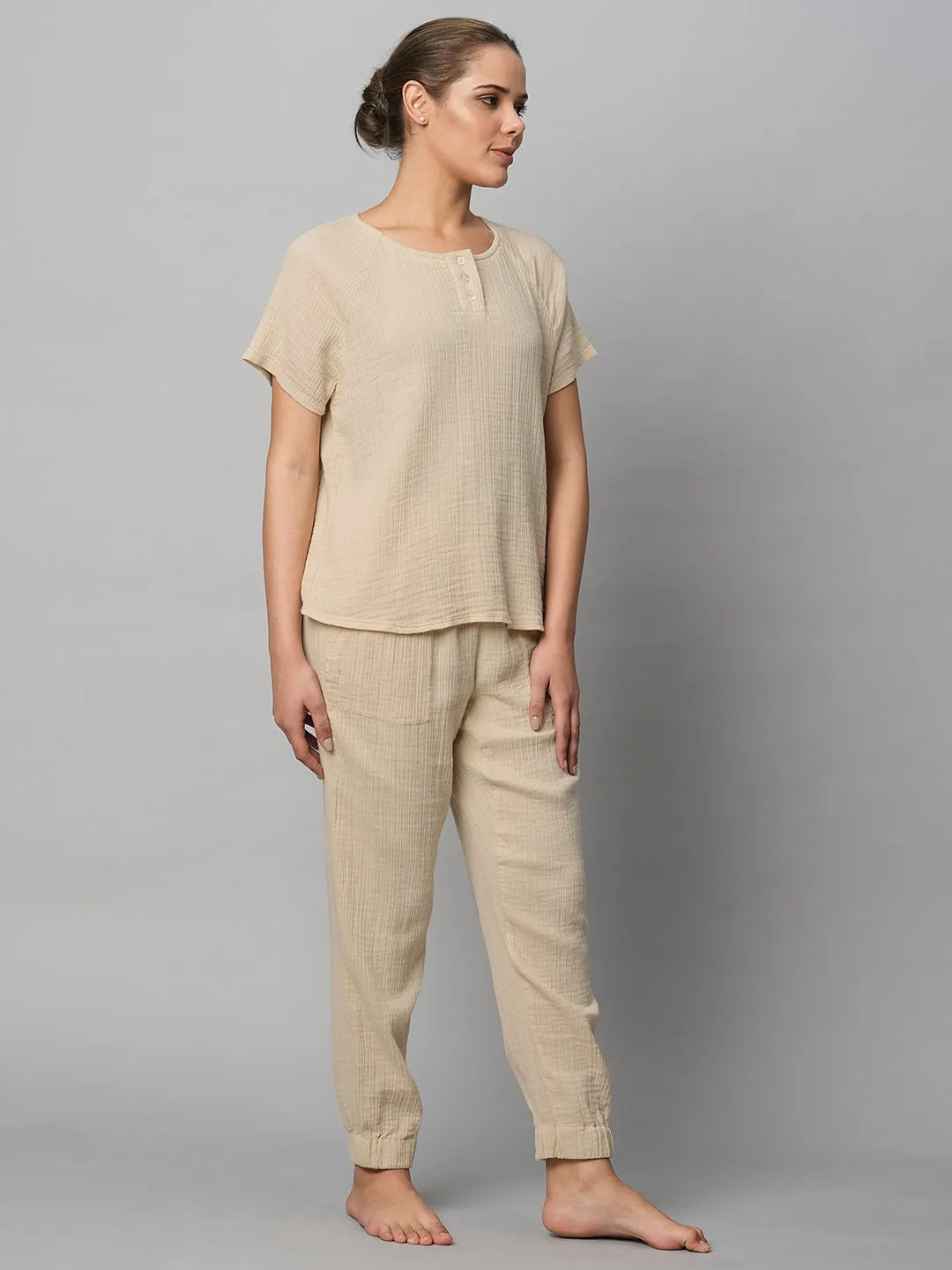 Crinkle Double Crepe Cotton Henley Top & Jogger Set