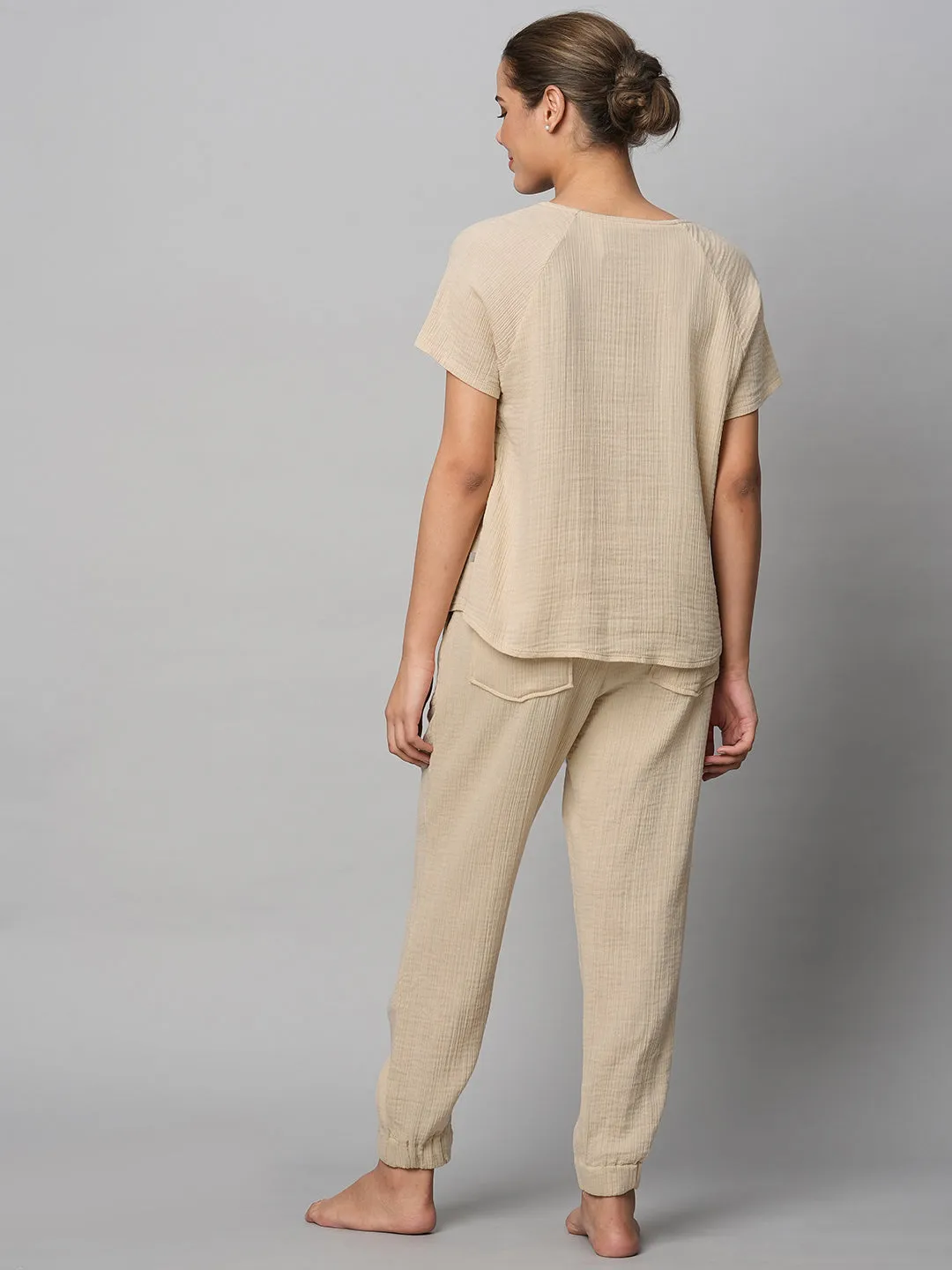 Crinkle Double Crepe Cotton Henley Top & Jogger Set