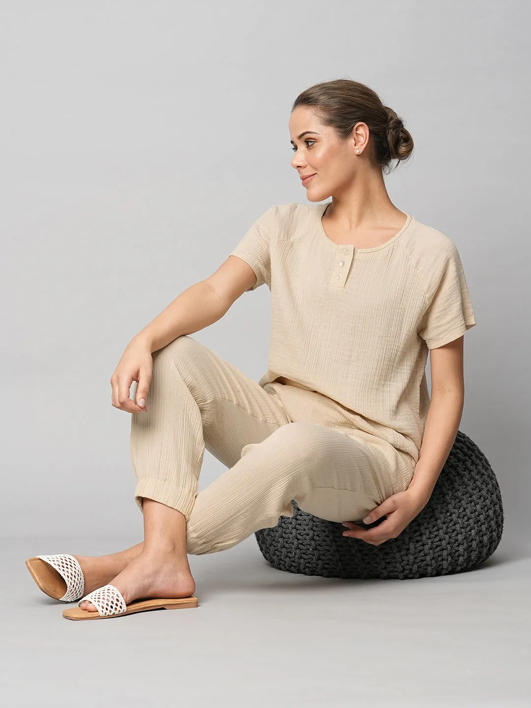 Crinkle Double Crepe Cotton Henley Top & Jogger Set