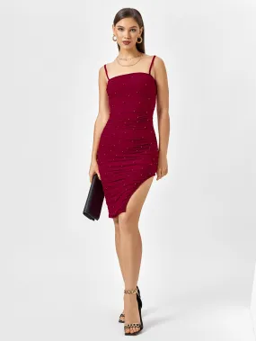 Embellished Bead Ruched Zipper Back Mesh Dress