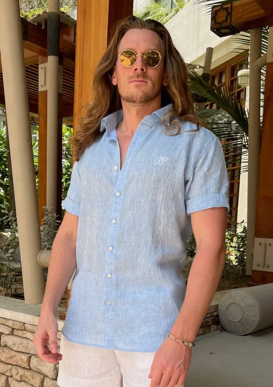 Laos Short Sleeve Linen Shirt - Sky Blue