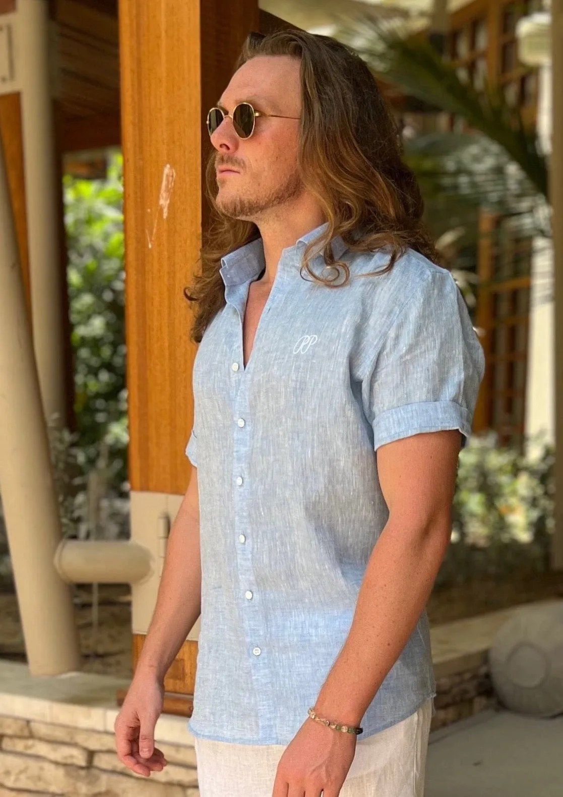 Laos Short Sleeve Linen Shirt - Sky Blue