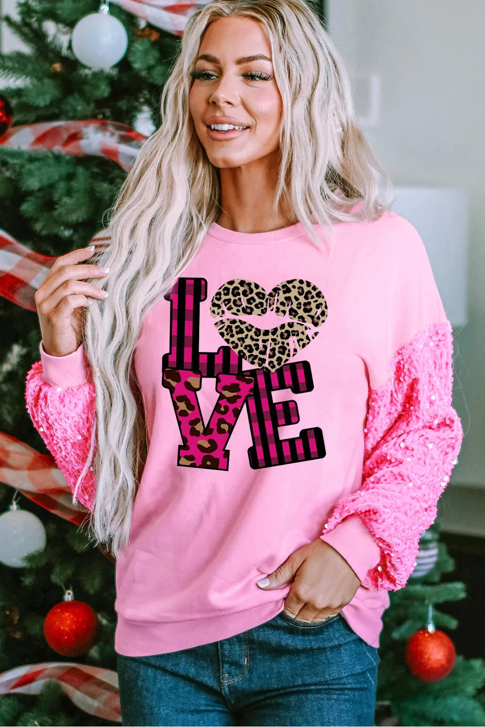 Leopard Print Patchwork Heart Lettering Long Sleeve Pullover Sweatshirt