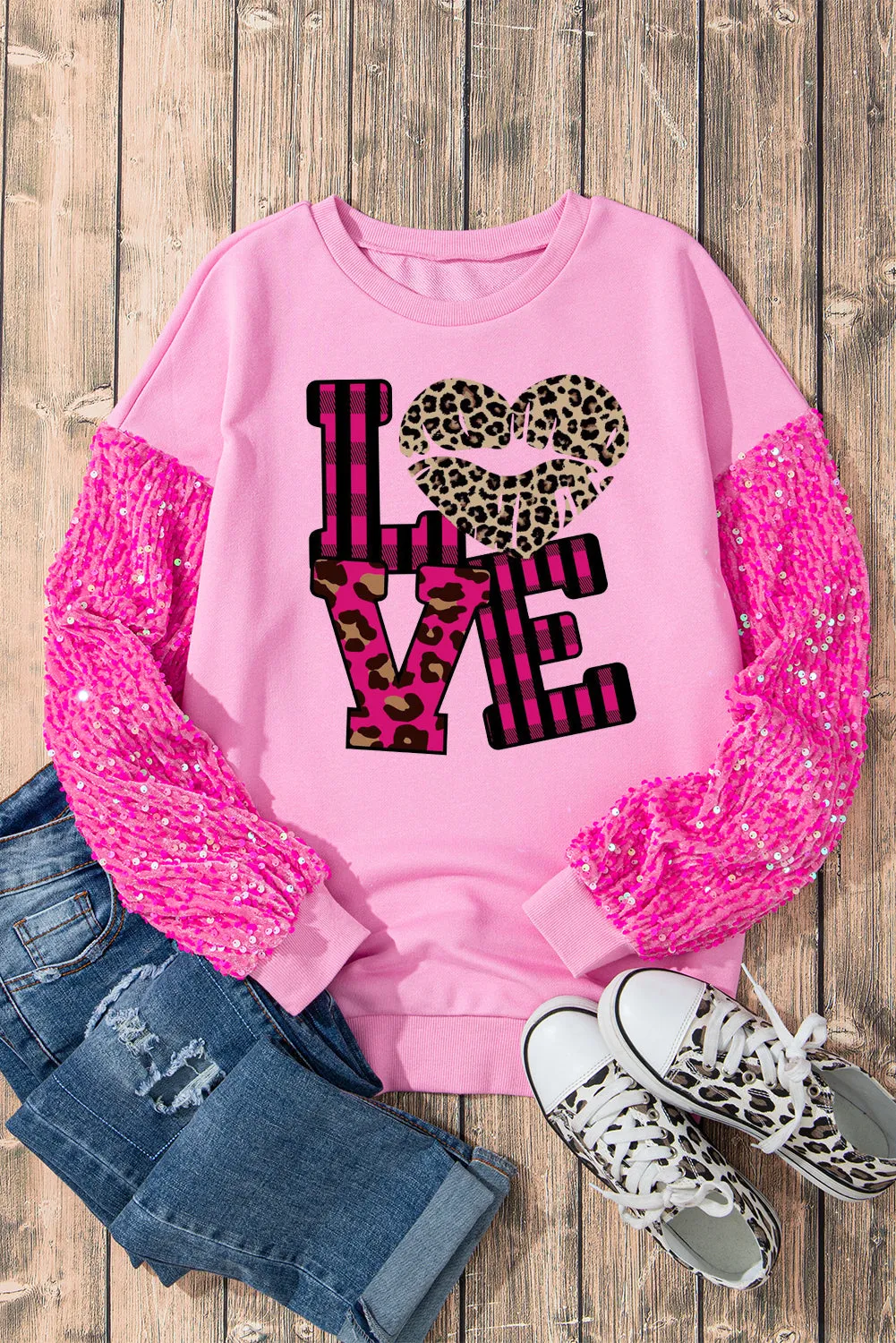 Leopard Print Patchwork Heart Lettering Long Sleeve Pullover Sweatshirt