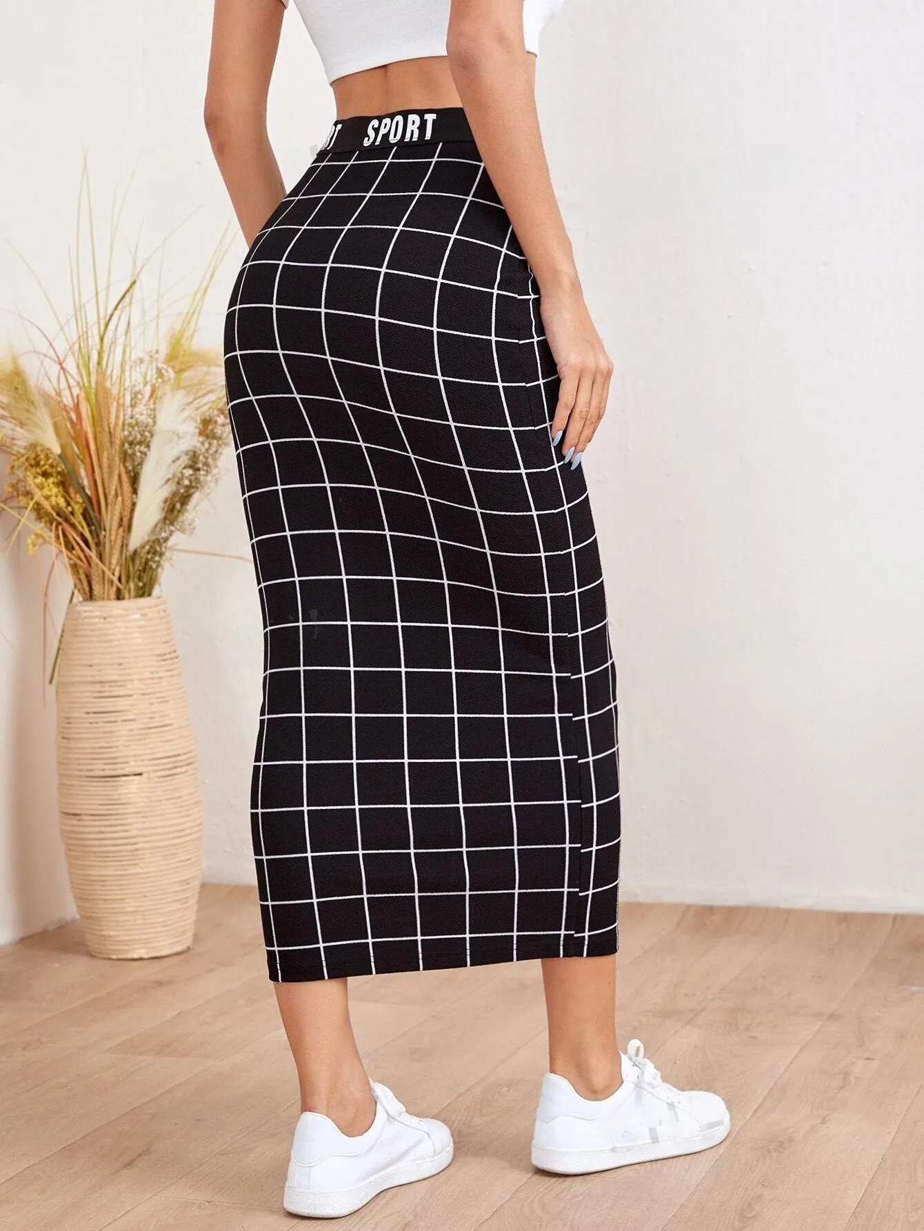 Letter Waist Grid Pencil Skirt SS24