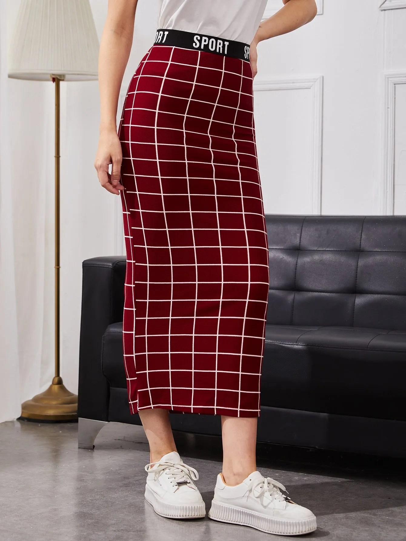 Letter Waist Grid Pencil Skirt SS24