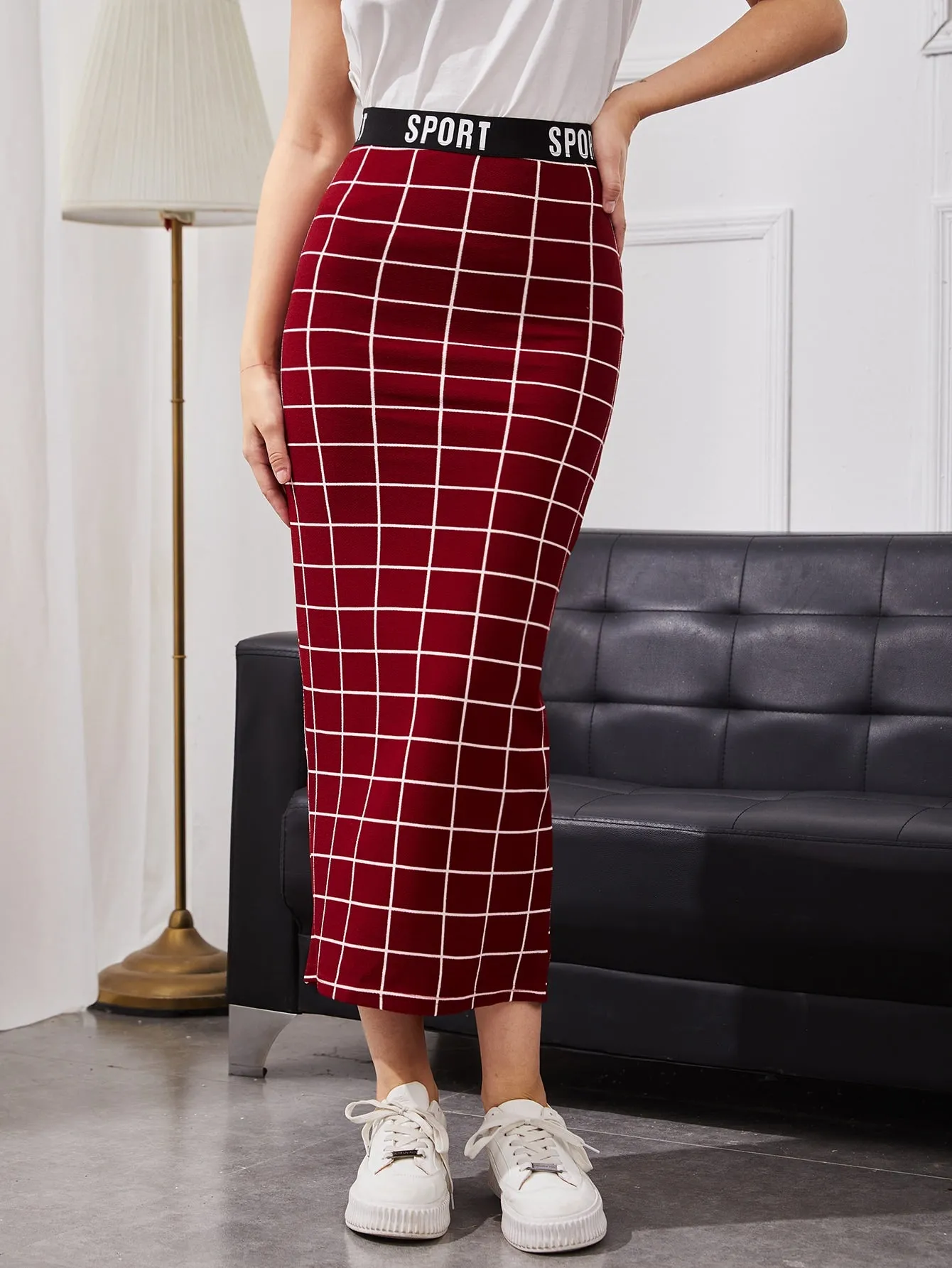 Letter Waist Grid Pencil Skirt SS24