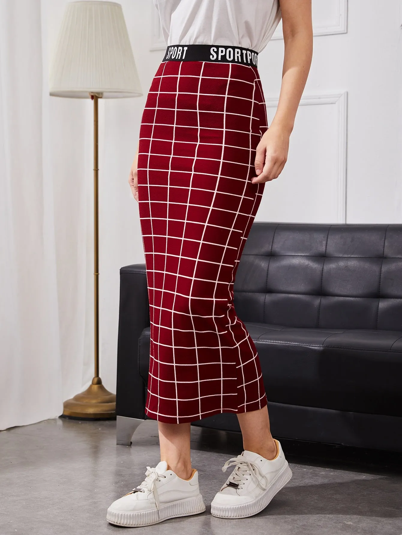 Letter Waist Grid Pencil Skirt SS24