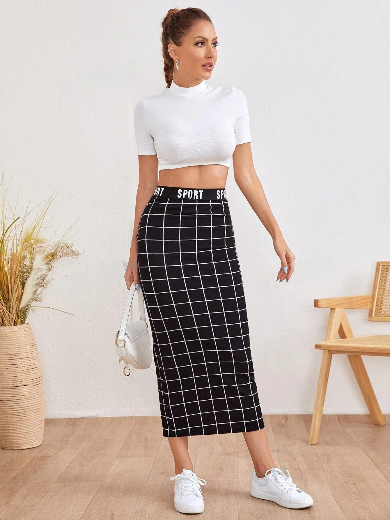 Letter Waist Grid Pencil Skirt SS24