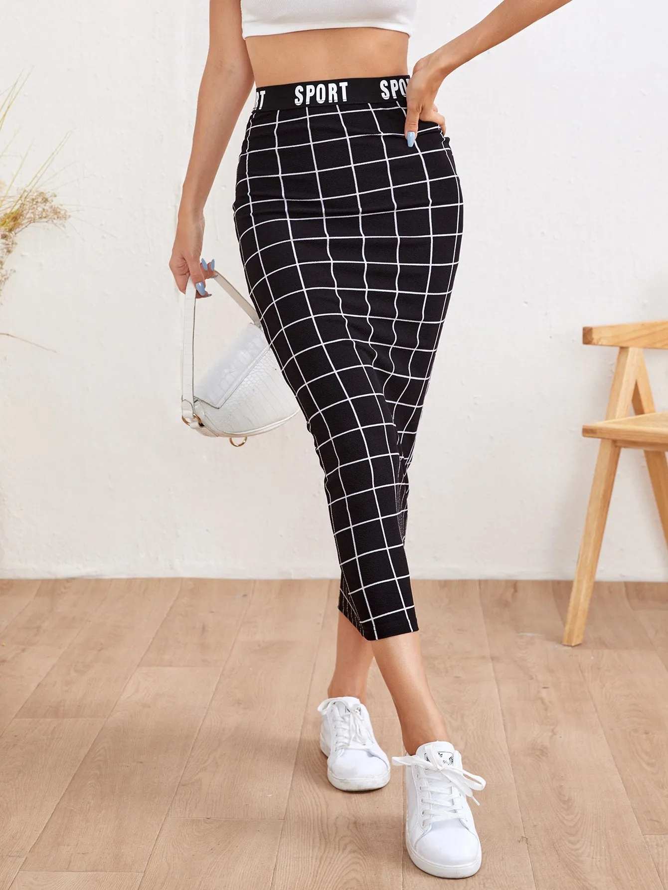 Letter Waist Grid Pencil Skirt SS24