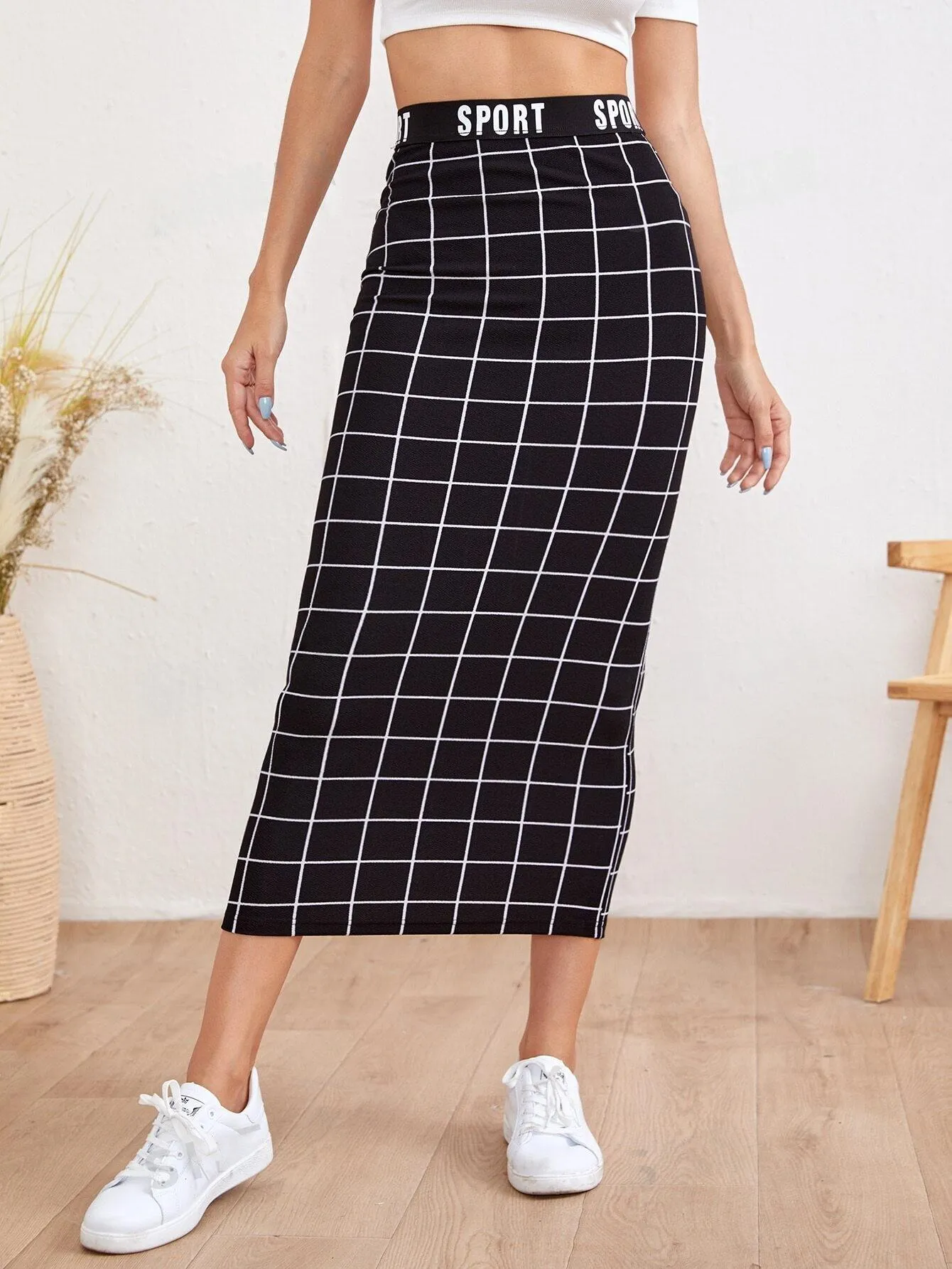 Letter Waist Grid Pencil Skirt SS24