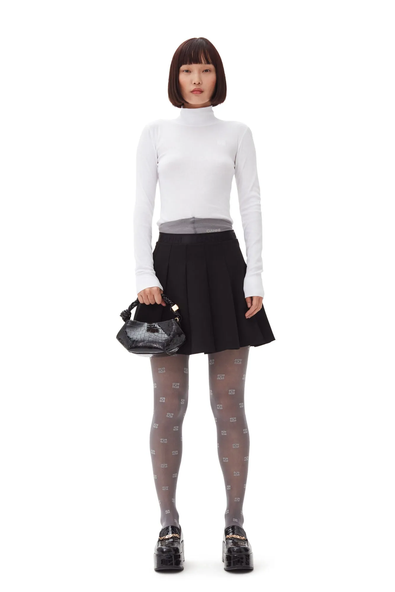 Light Twill Pleated Mini Skirt - Black