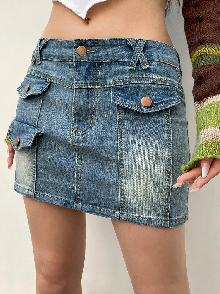 Low Waist Denim Cargo Pencil Mini-Skirt