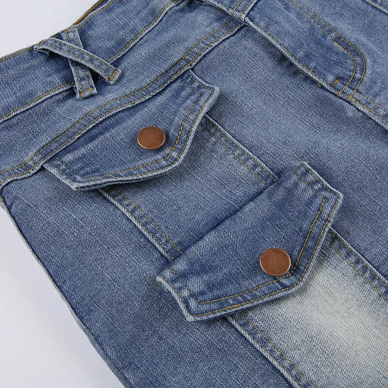Low Waist Denim Cargo Pencil Mini-Skirt