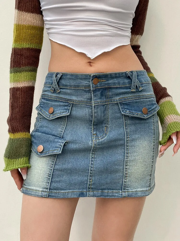 Low Waist Denim Cargo Pencil Mini-Skirt
