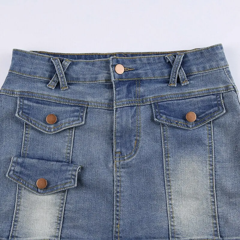 Low Waist Denim Cargo Pencil Mini-Skirt