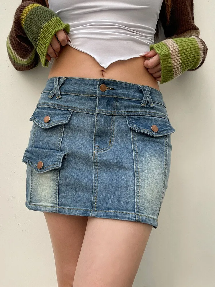 Low Waist Denim Cargo Pencil Mini-Skirt