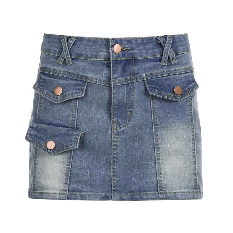 Low Waist Denim Cargo Pencil Mini-Skirt