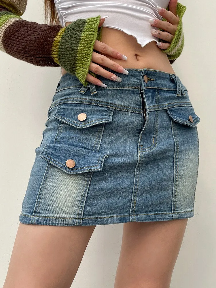 Low Waist Denim Cargo Pencil Mini-Skirt