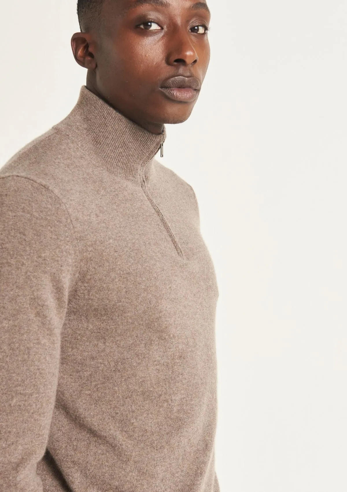 Mens Cashmere Half Zip Sweater in Otter Brown
