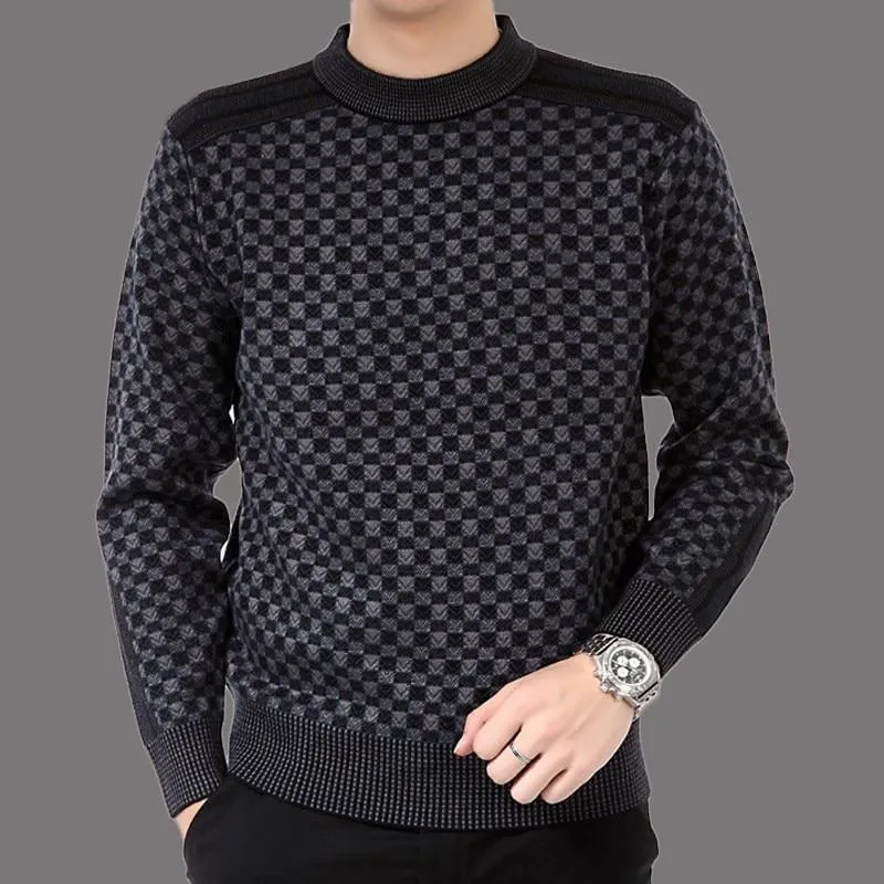 Men's Elegant Checkered Fleece Pullover Sweater | Ideal for Autumn/Winter