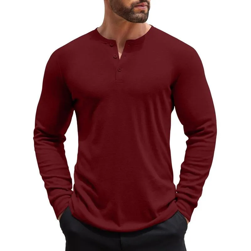 Men's Solid Color Henley Collar Casual Long Sleeve T-Shirt 08520324X