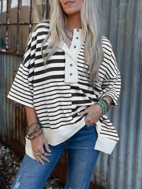 Oversized High-Low & Bold Stripes Half Button Up Pullover Top