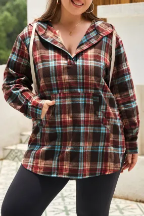Plus Size Drawstring Plaid Quarter Button Hoodie - Stylish Comfort