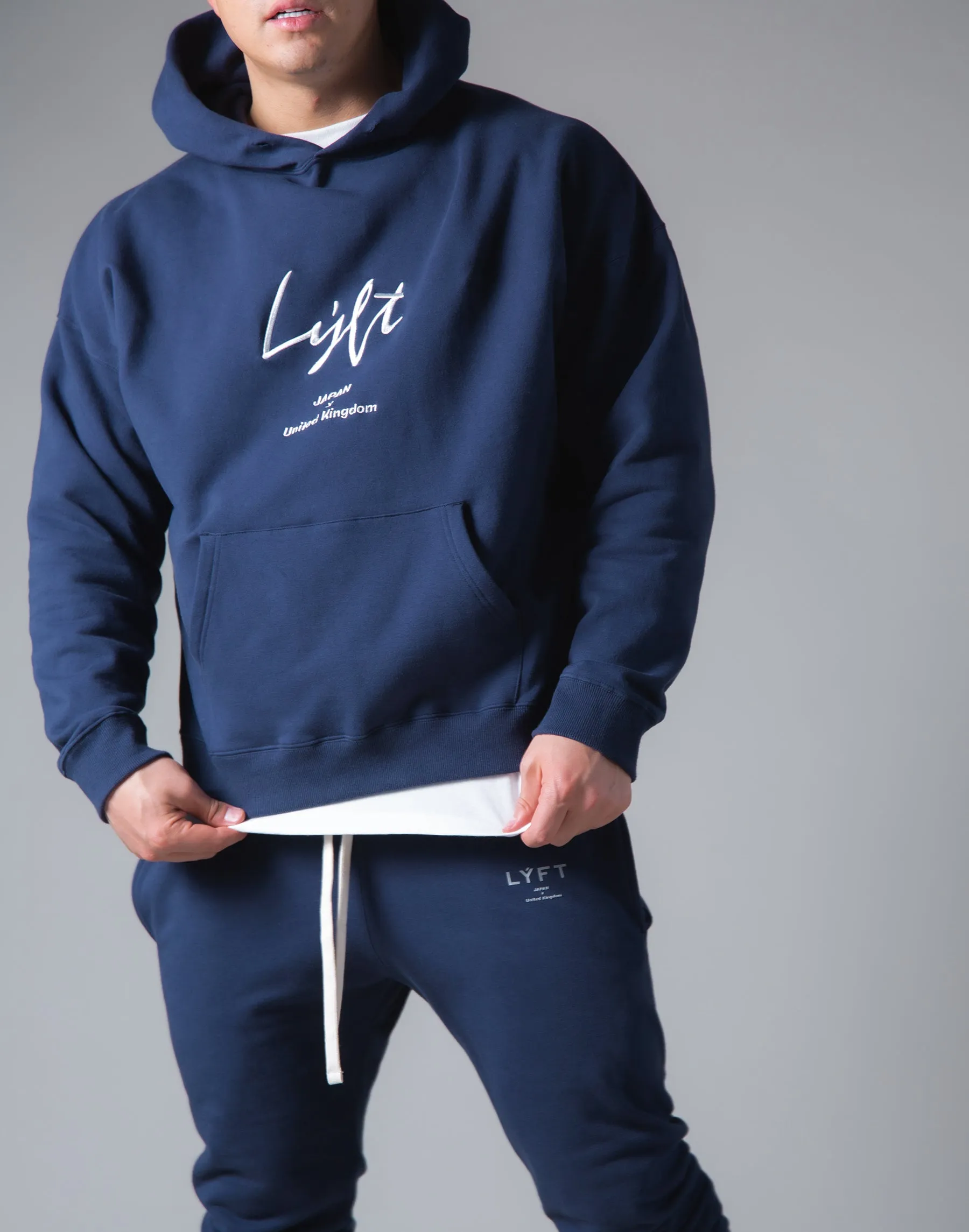 Script Logo 2Way Stretch Warm Pullover Hoodie - Navy