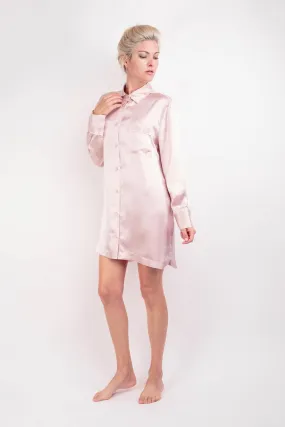 Women Classical Lightweight Mulberry Silk Sleep Shirt Loungewear Sleep Dress  - Pink